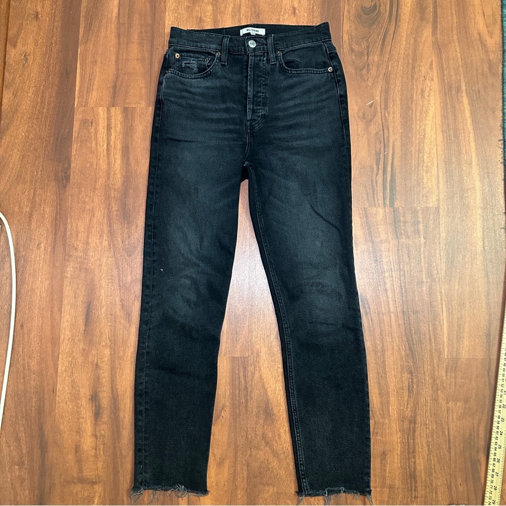Re/Done Button Fly High Rise Fray Hem Jeans Black 26
